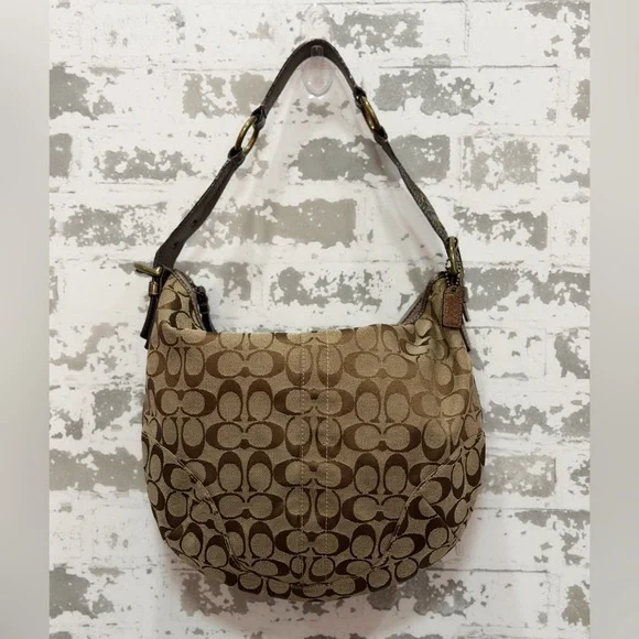 Coach Lurex Hobo Bag Metallic Tan Logo Print 8K37 | Gold Python Handle | EUC - Picture 4 of 10
